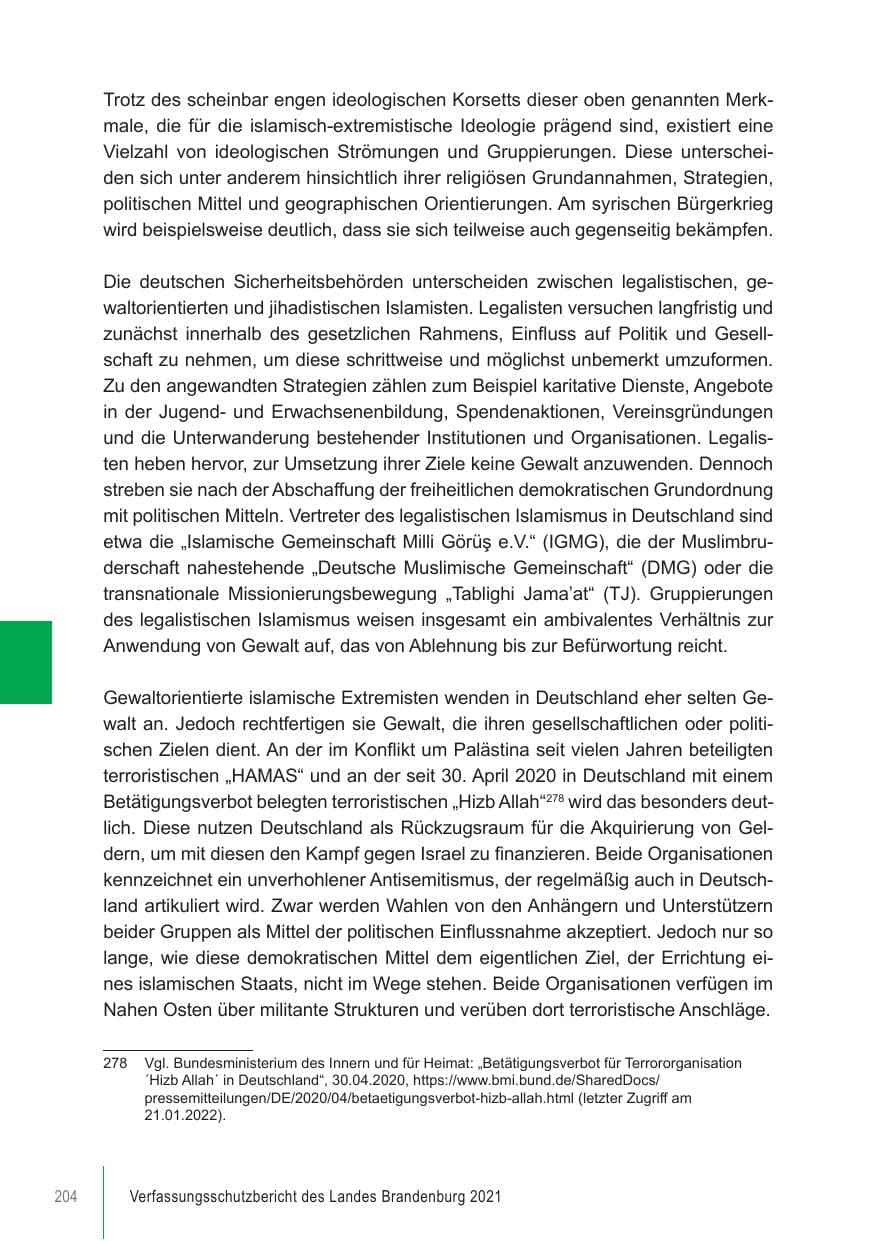 Seite 204 des Verfassungsschutzbericht 2021 Brandenburg