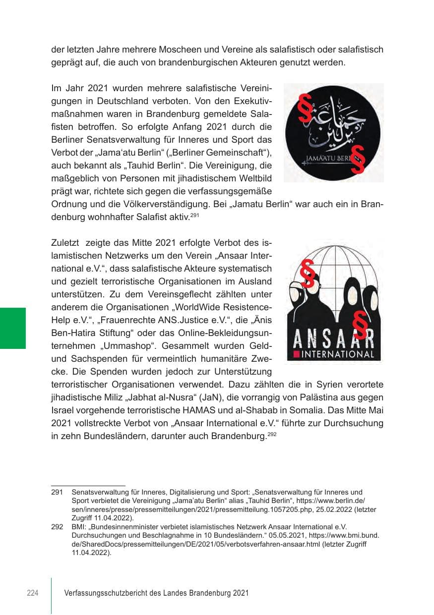 Seite 224 des Verfassungsschutzbericht 2021 Brandenburg
