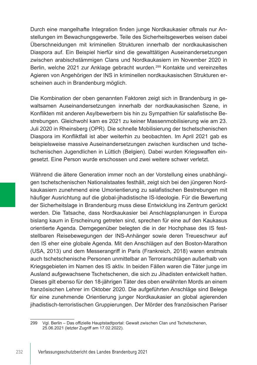 Seite 232 des Verfassungsschutzbericht 2021 Brandenburg