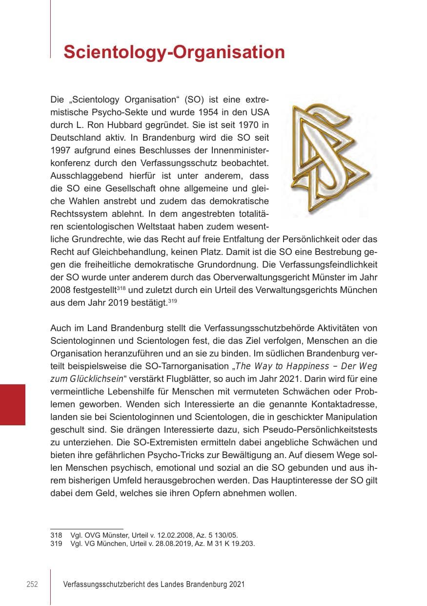 Seite 252 des Verfassungsschutzbericht 2021 Brandenburg