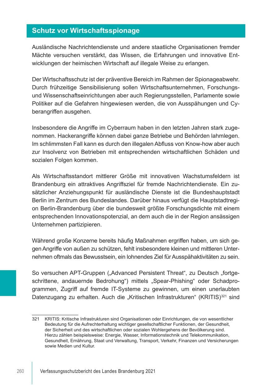 Seite 260 des Verfassungsschutzbericht 2021 Brandenburg