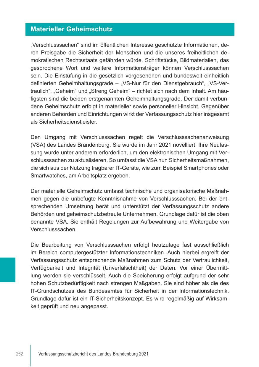 Seite 262 des Verfassungsschutzbericht 2021 Brandenburg