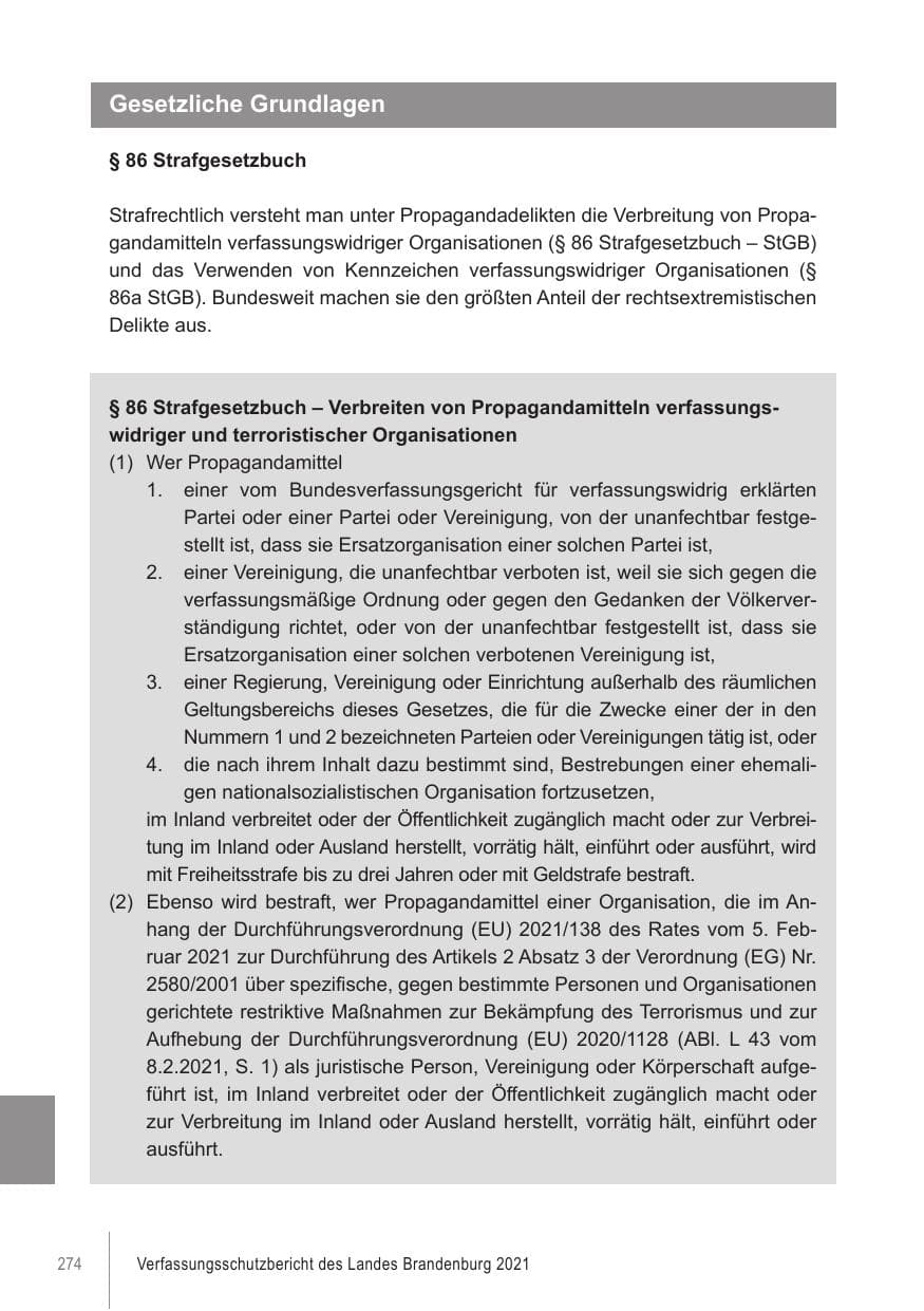 Seite 274 des Verfassungsschutzbericht 2021 Brandenburg
