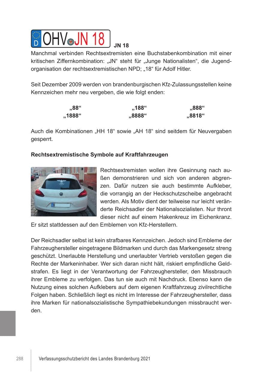 Seite 288 des Verfassungsschutzbericht 2021 Brandenburg