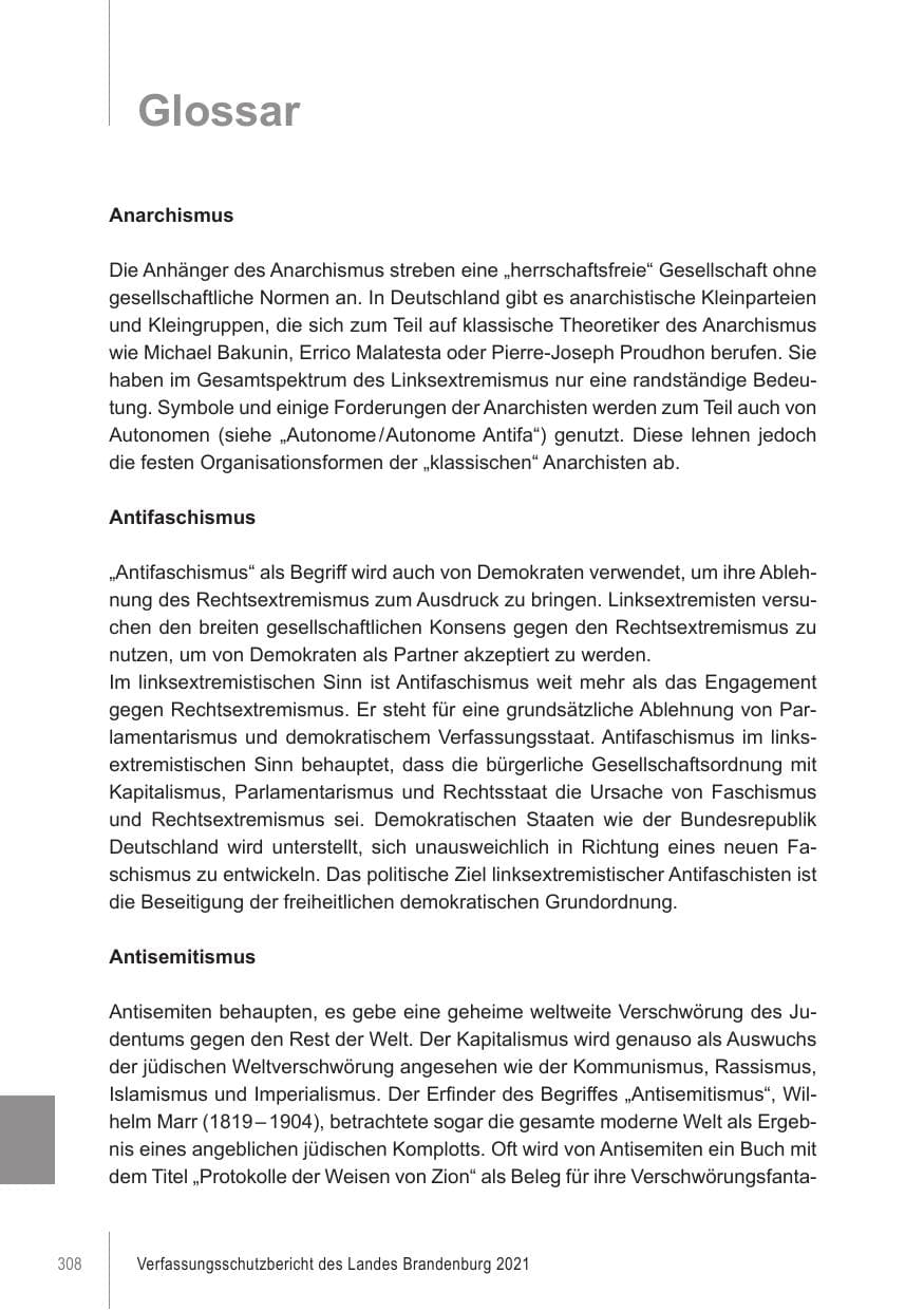 Seite 308 des Verfassungsschutzbericht 2021 Brandenburg