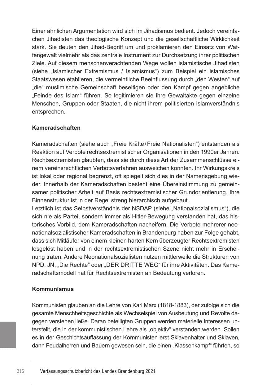 Seite 316 des Verfassungsschutzbericht 2021 Brandenburg