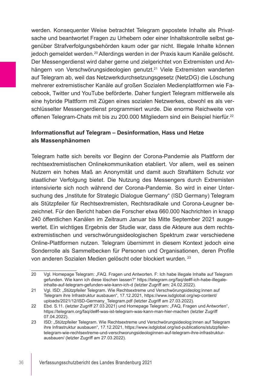 Seite 36 des Verfassungsschutzbericht 2021 Brandenburg
