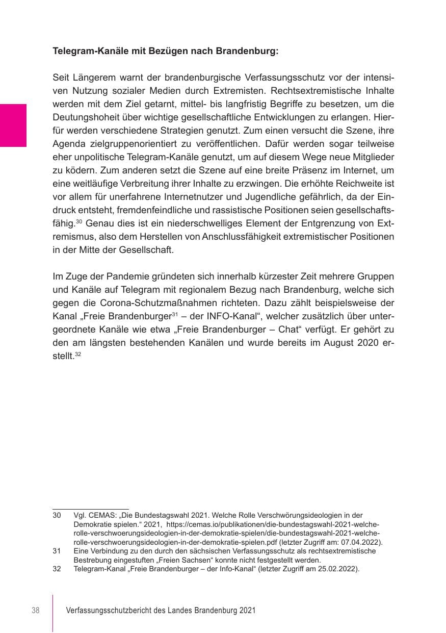 Seite 38 des Verfassungsschutzbericht 2021 Brandenburg