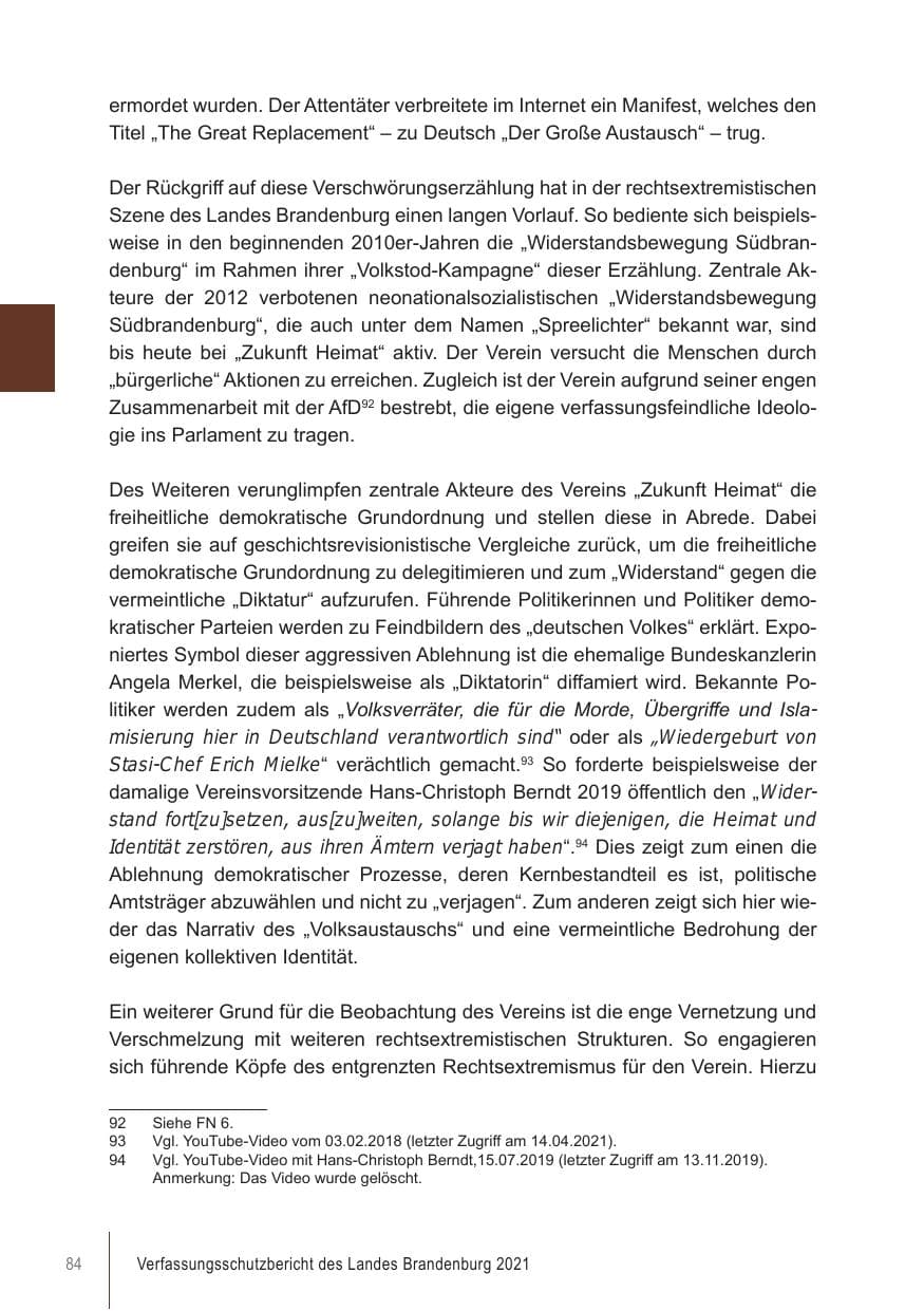 Seite 84 des Verfassungsschutzbericht 2021 Brandenburg