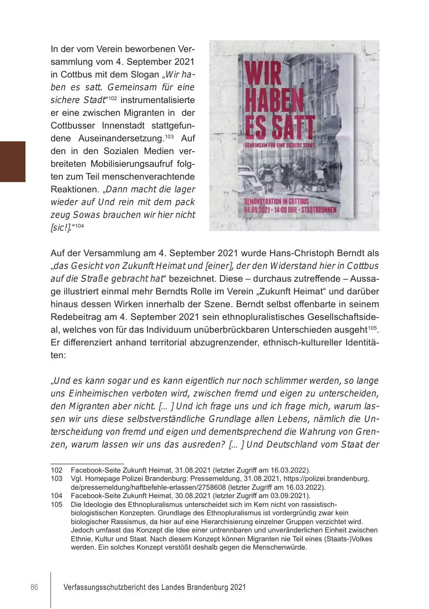 Seite 86 des Verfassungsschutzbericht 2021 Brandenburg