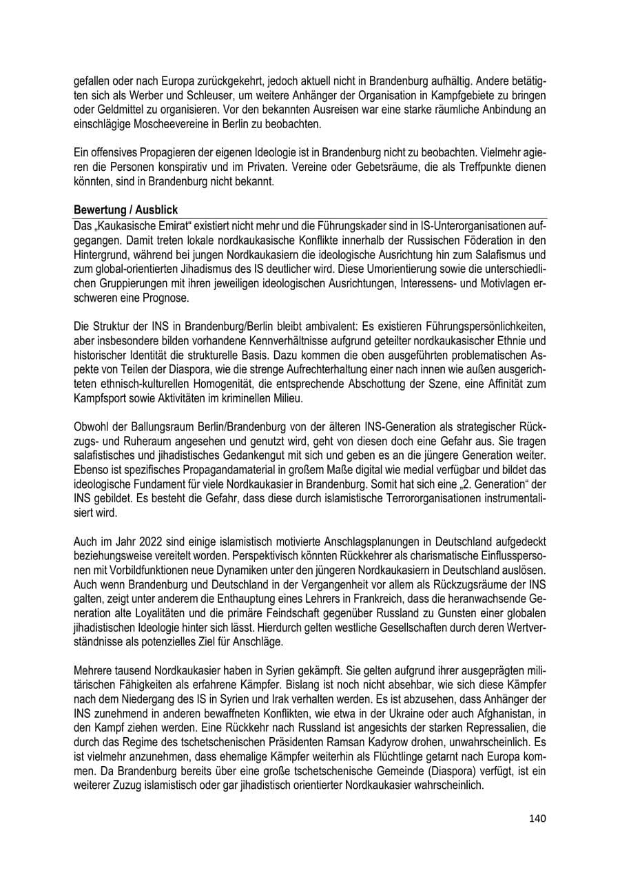 Seite 141 des Verfassungsschutzbericht 2022 Brandenburg