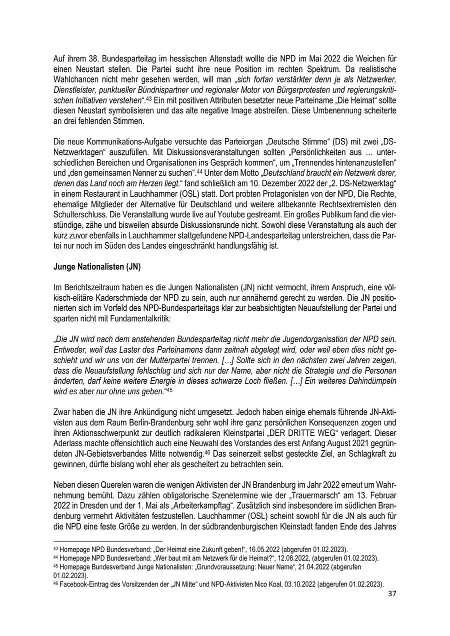 Seite 38 des Verfassungsschutzbericht 2022 Brandenburg