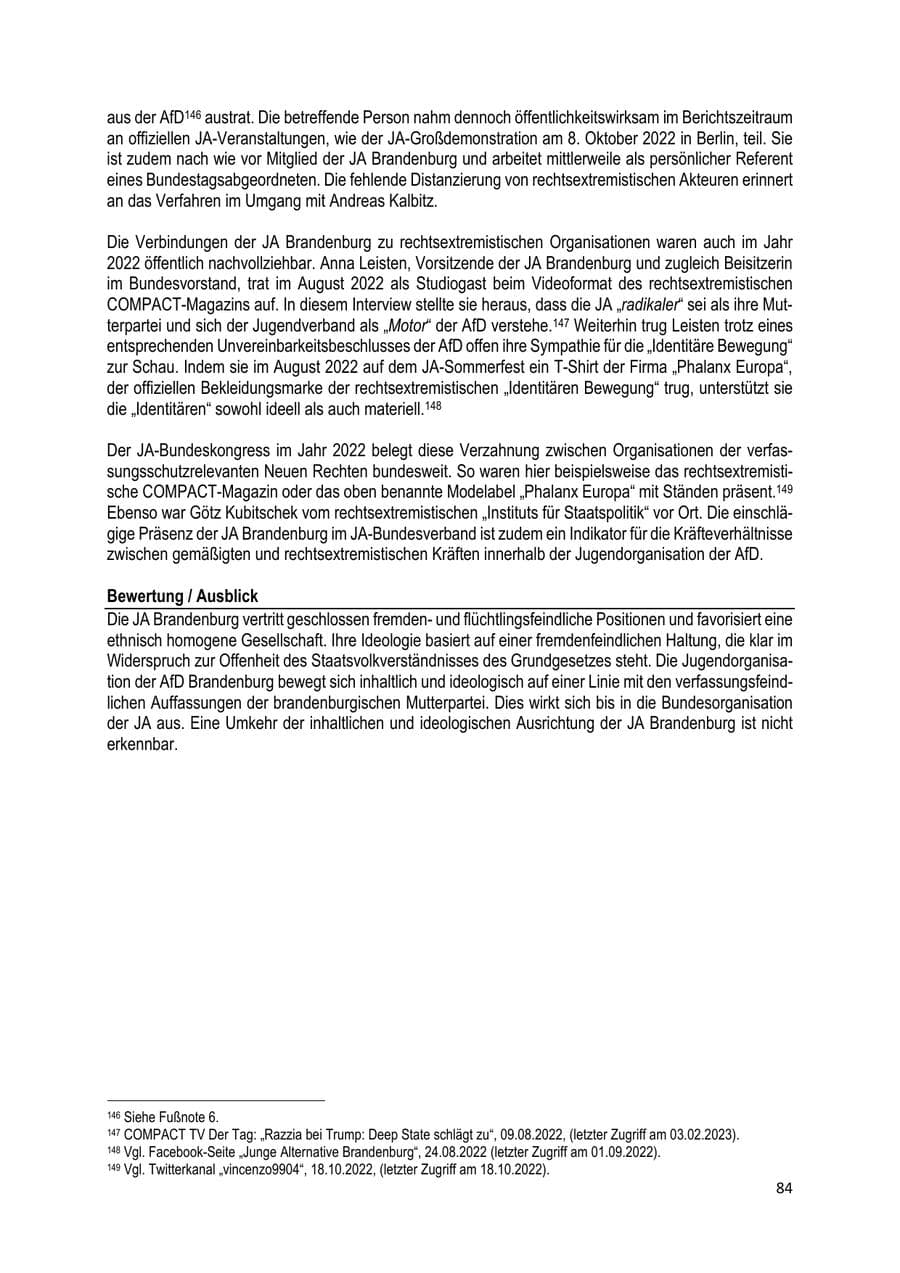 Seite 85 des Verfassungsschutzbericht 2022 Brandenburg