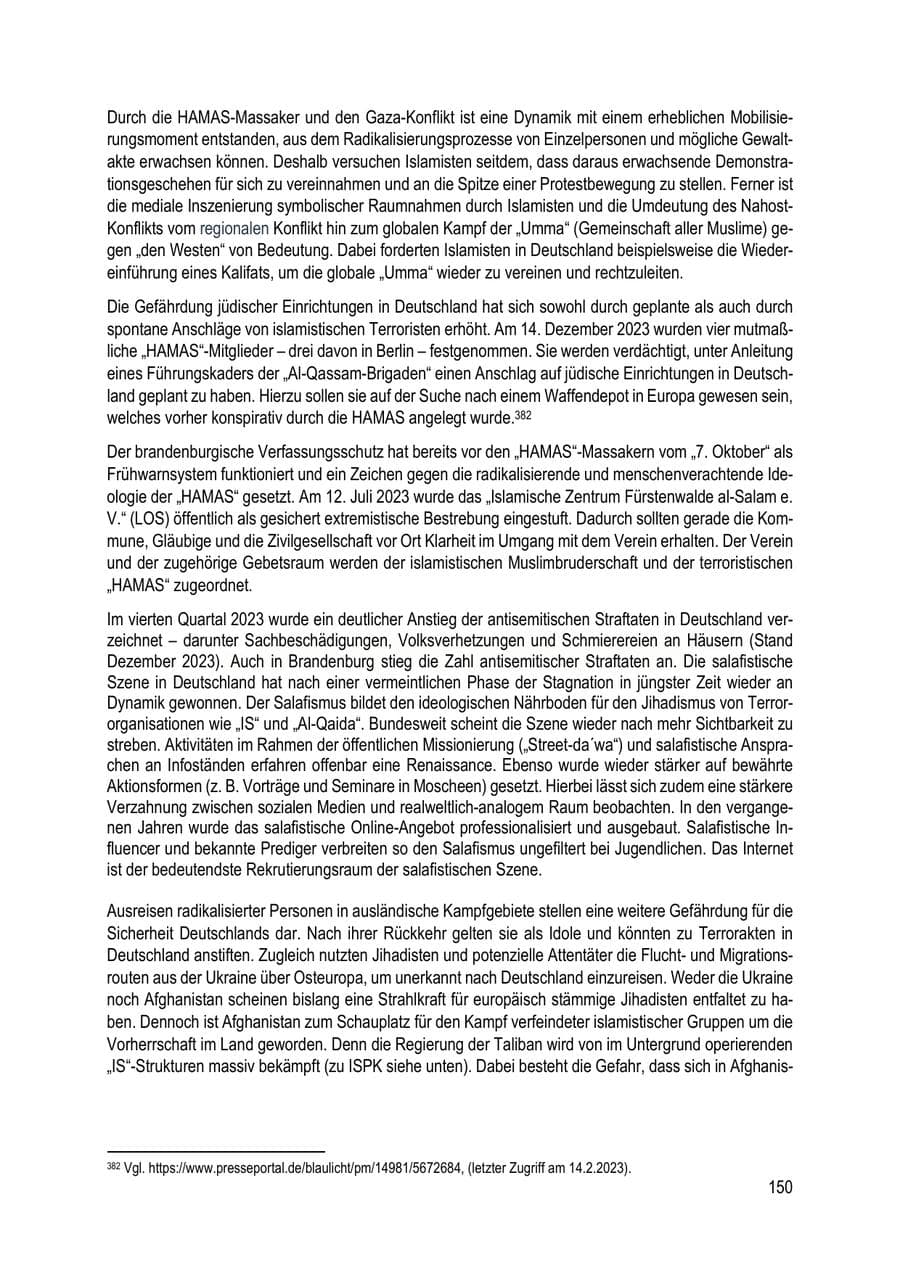 Seite 150 des Verfassungsschutzbericht 2023 Brandenburg