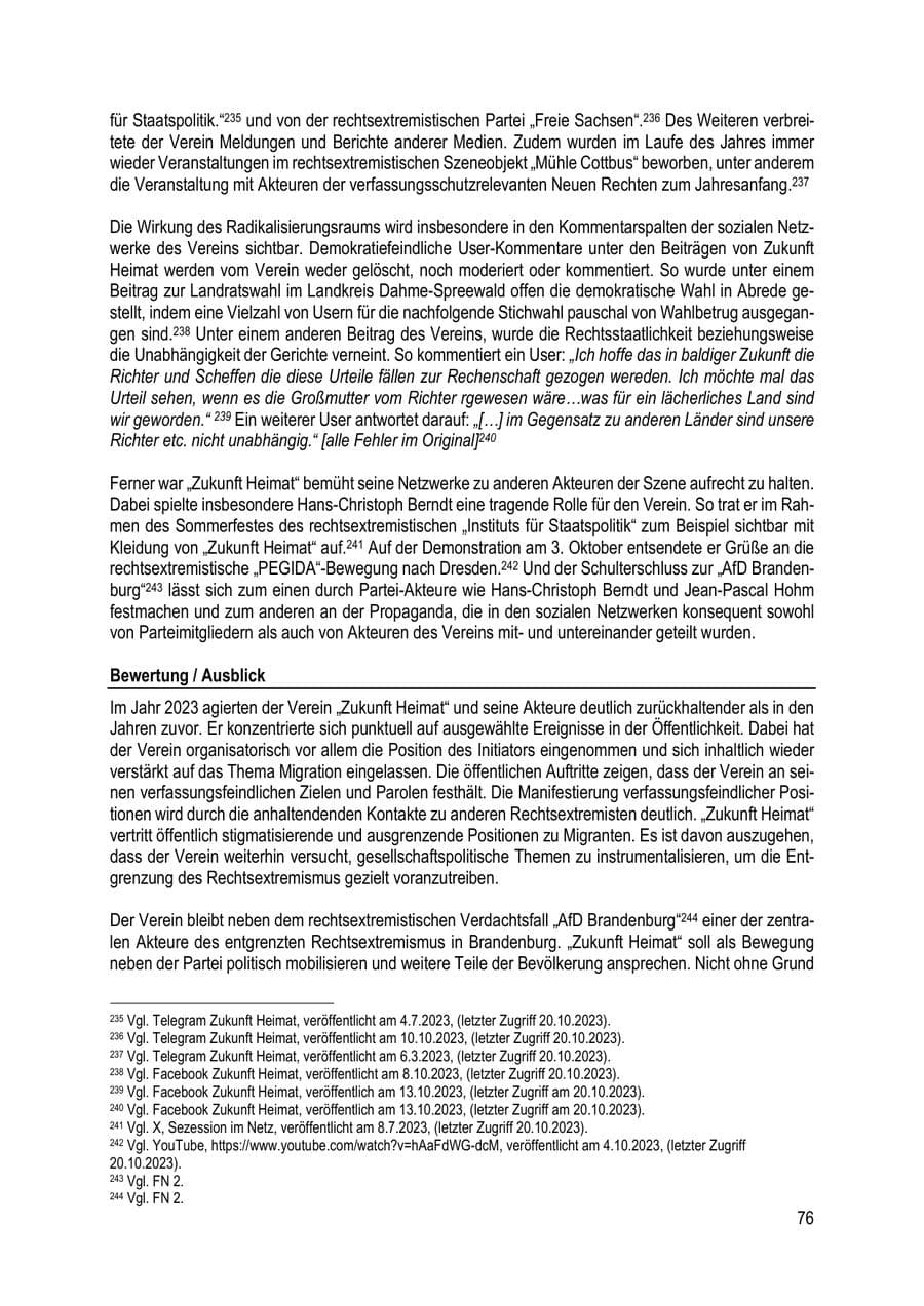 Seite 76 des Verfassungsschutzbericht 2023 Brandenburg