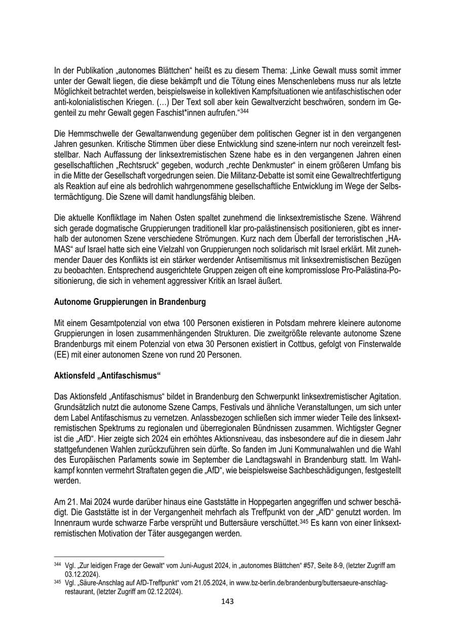 Seite 143 des Verfassungsschutzbericht 2024 Brandenburg