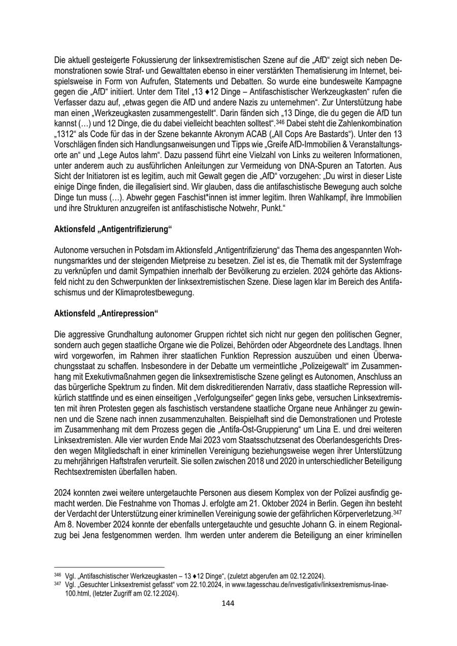 Seite 144 des Verfassungsschutzbericht 2024 Brandenburg