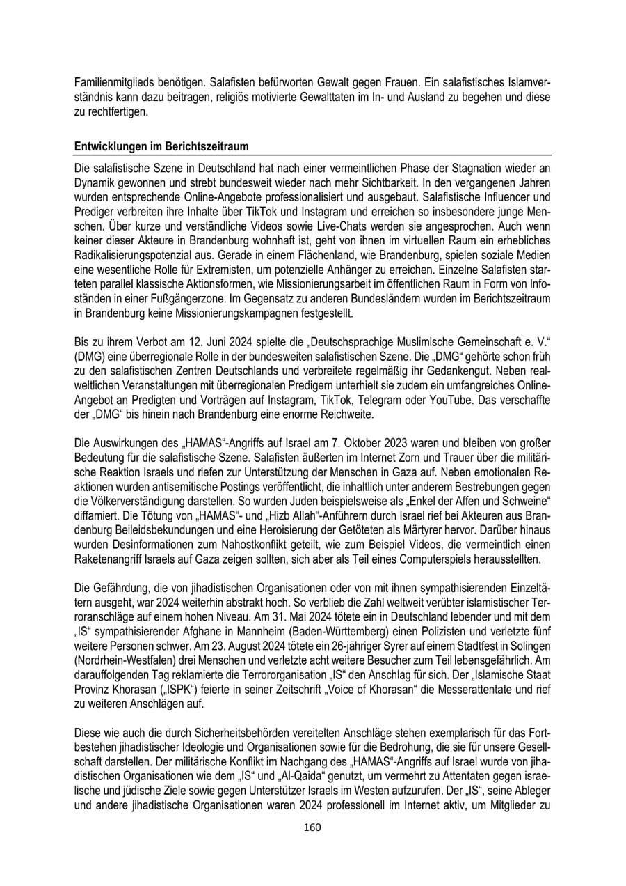 Seite 160 des Verfassungsschutzbericht 2024 Brandenburg