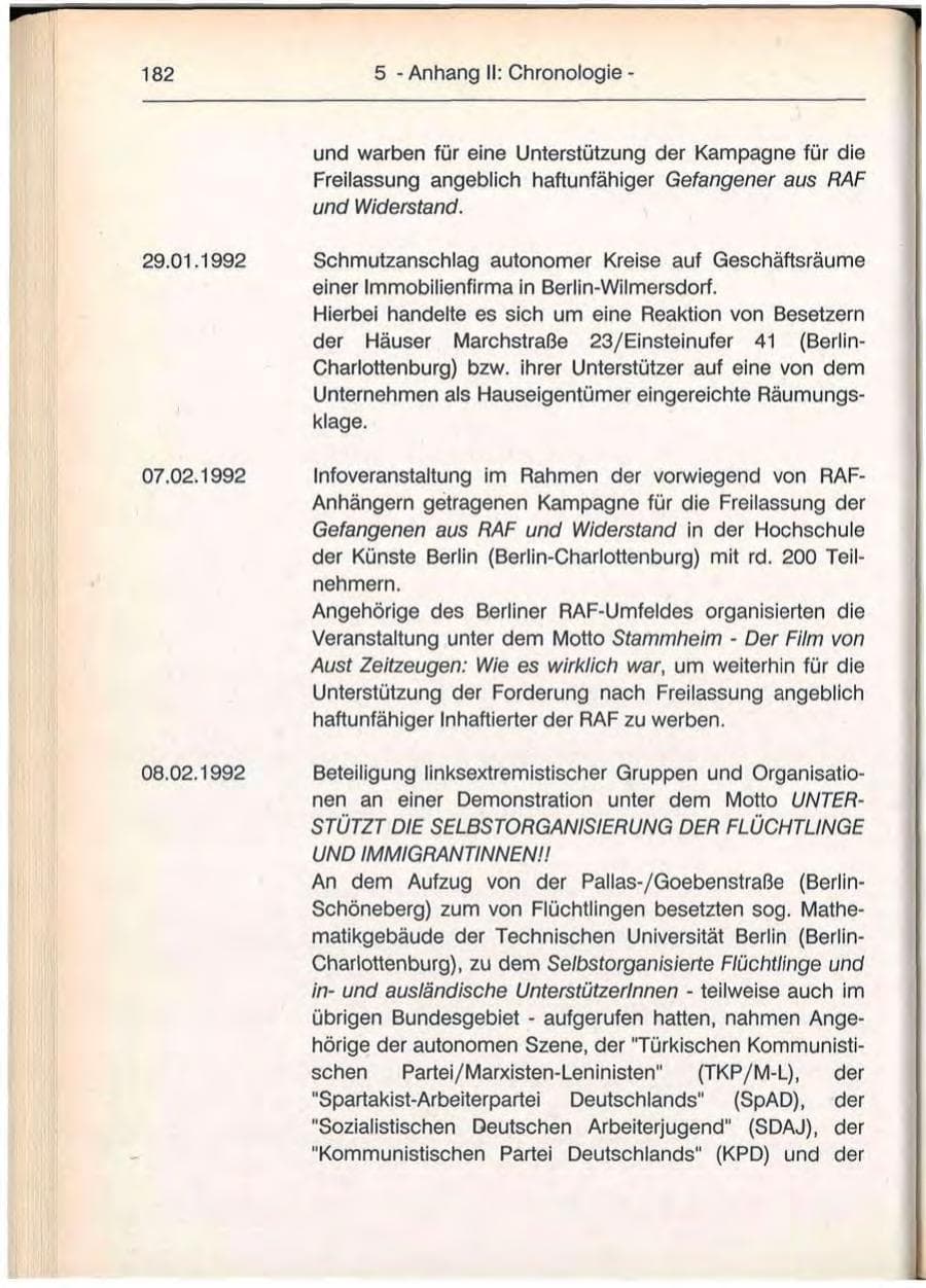 Seite 182 des Verfassungsschutzbericht 1992 Berlin