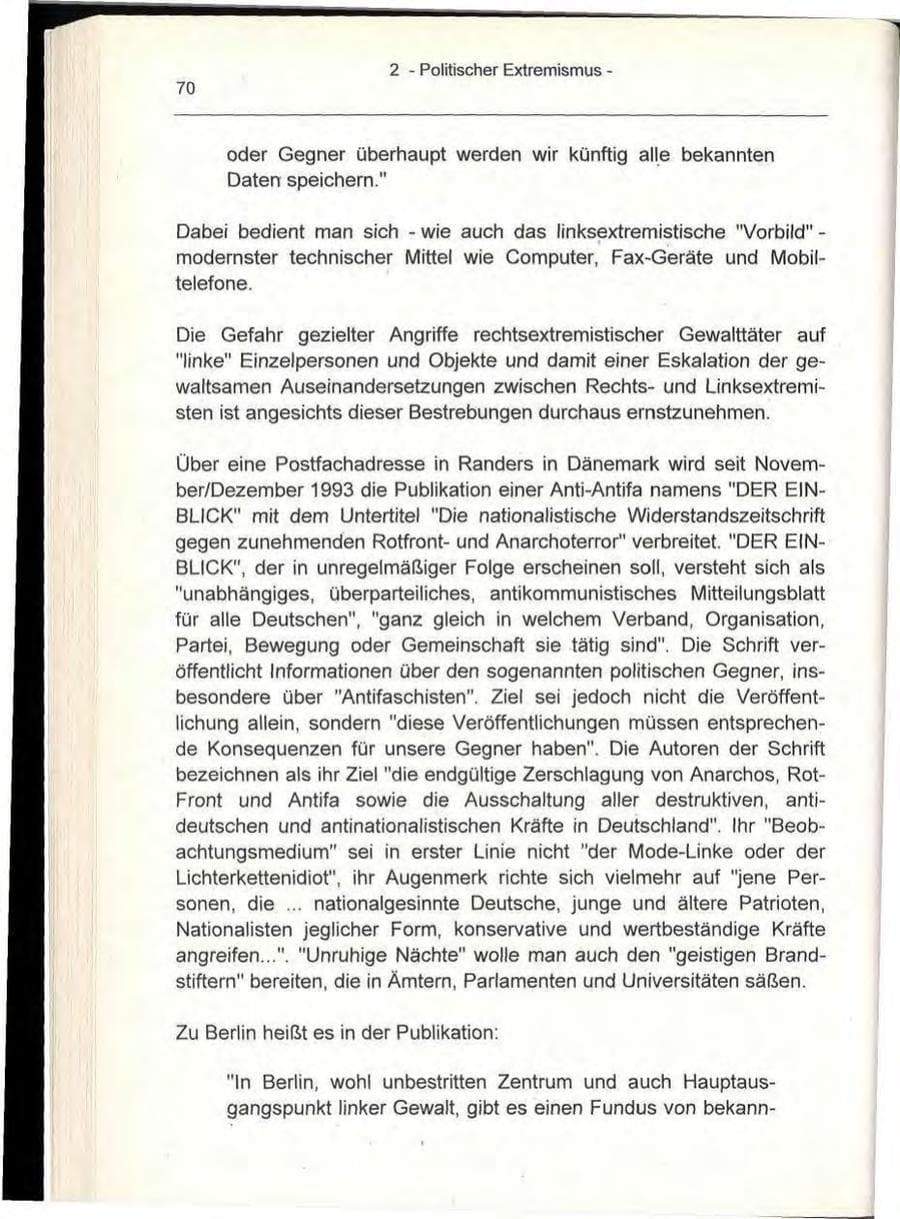 Seite 70 des Verfassungsschutzbericht 1993 Berlin