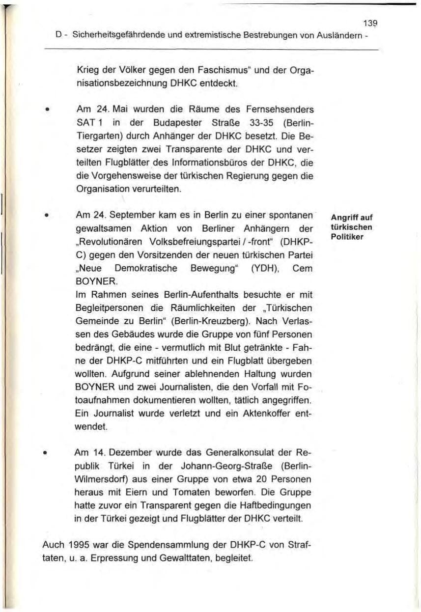 Seite 139 des Verfassungsschutzbericht 1995 Berlin