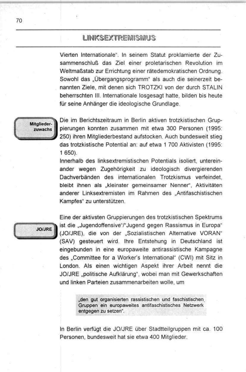 Seite 70 des Verfassungsschutzbericht 1996 Berlin