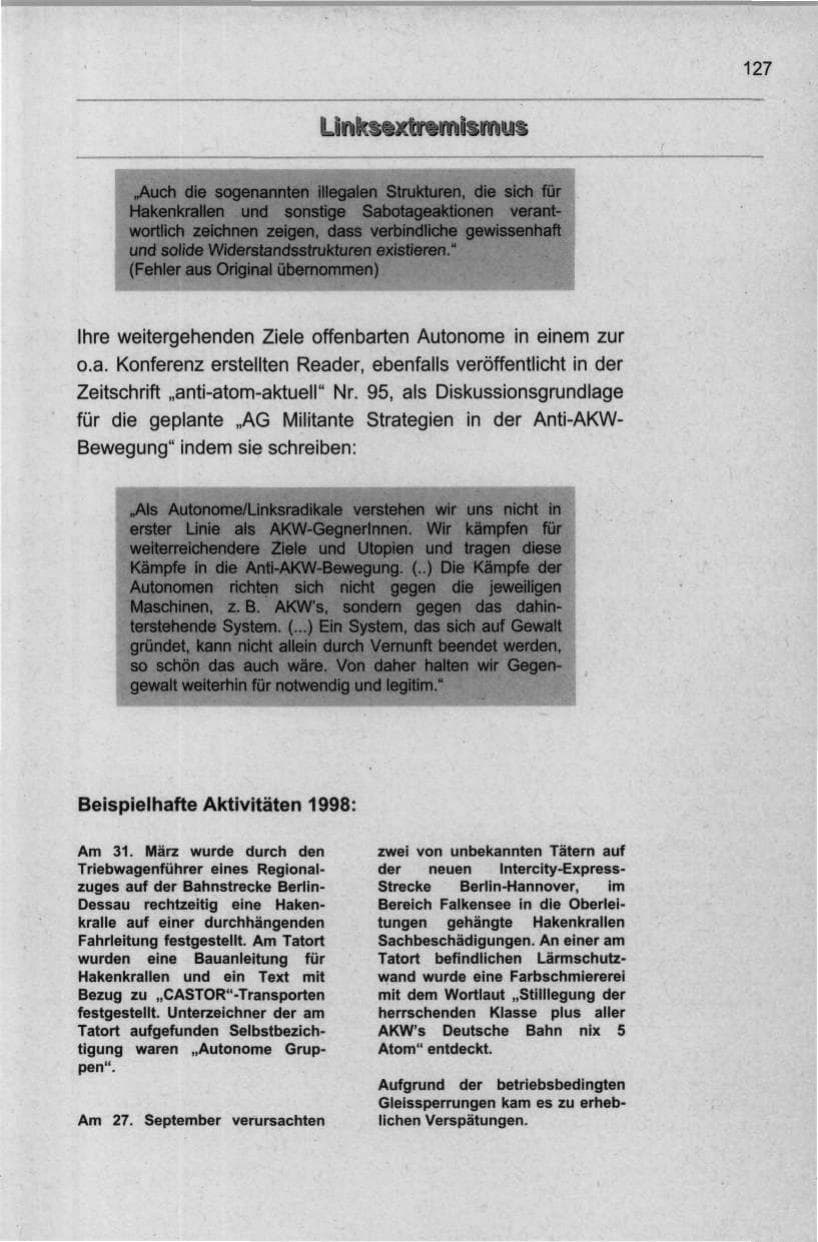 Seite 138 des Verfassungsschutzbericht 1998 Berlin
