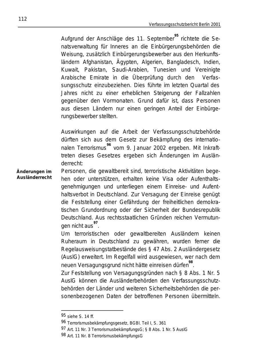 Seite 112 des Verfassungsschutzbericht 2001 Berlin