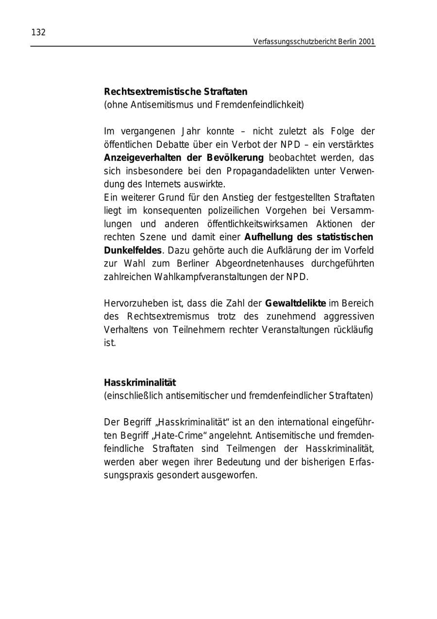 Seite 132 des Verfassungsschutzbericht 2001 Berlin