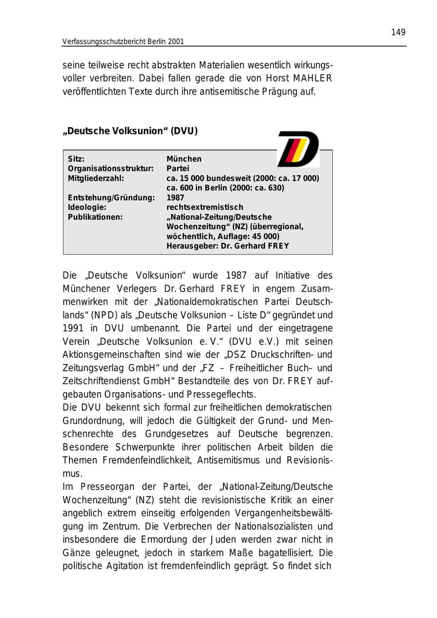 Seite 149 des Verfassungsschutzbericht 2001 Berlin