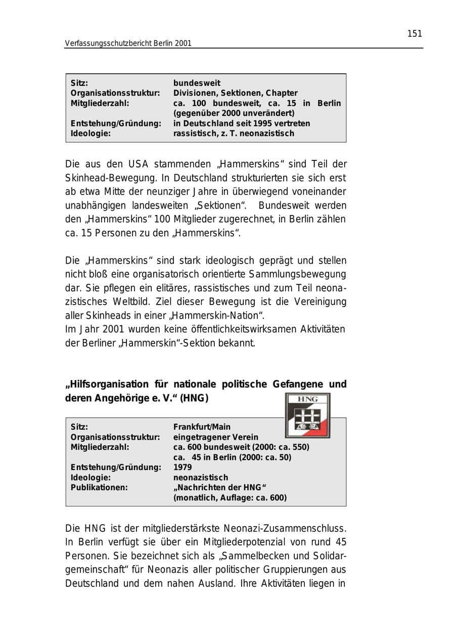 Seite 151 des Verfassungsschutzbericht 2001 Berlin