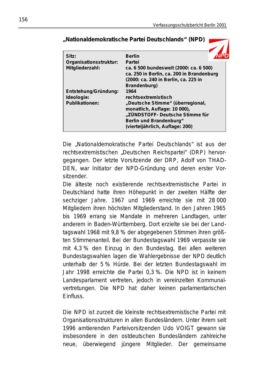 Seite 156 des Verfassungsschutzbericht 2001 Berlin