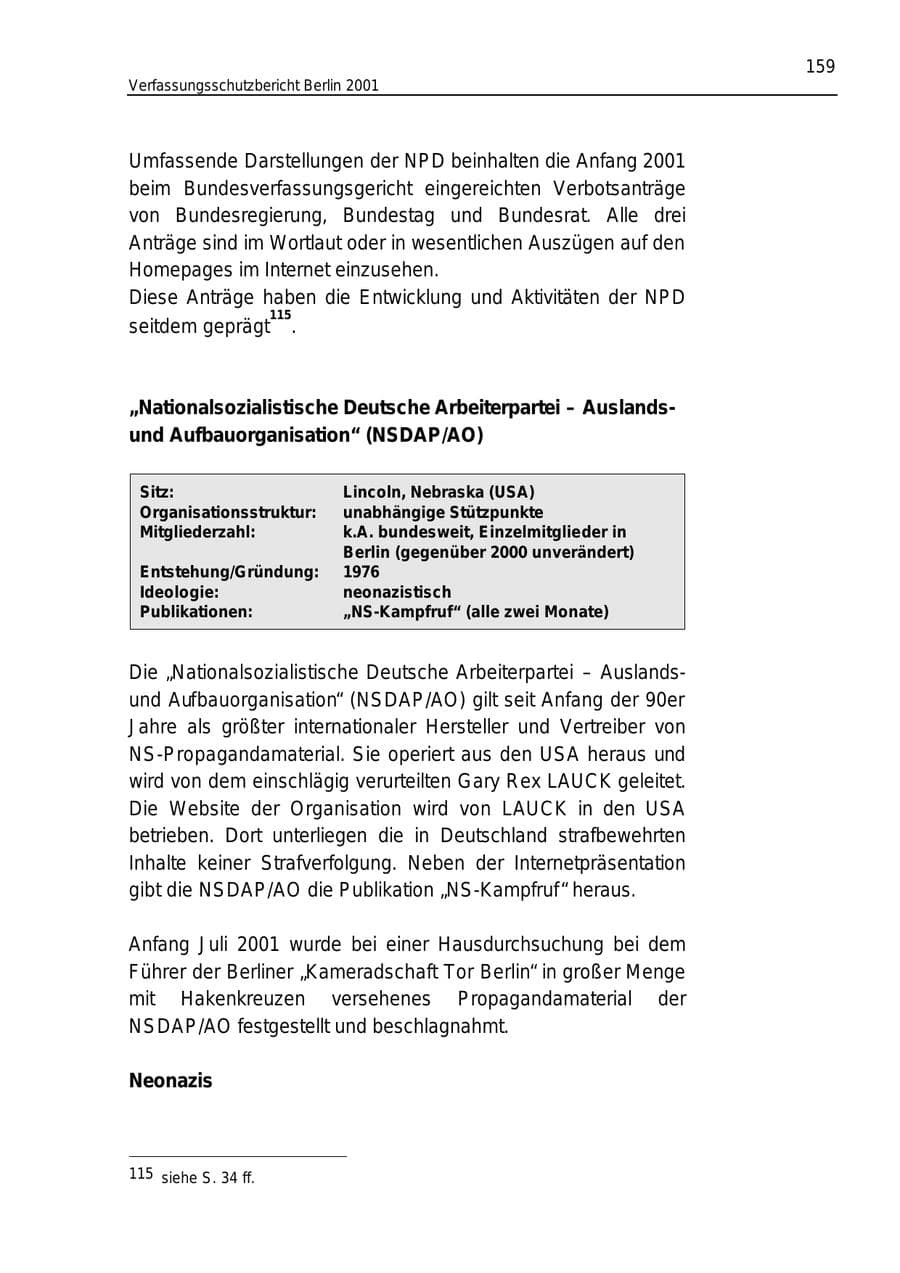 Seite 159 des Verfassungsschutzbericht 2001 Berlin