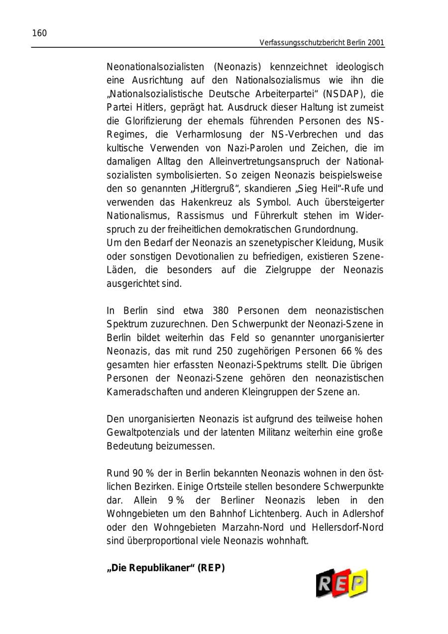 Seite 160 des Verfassungsschutzbericht 2001 Berlin