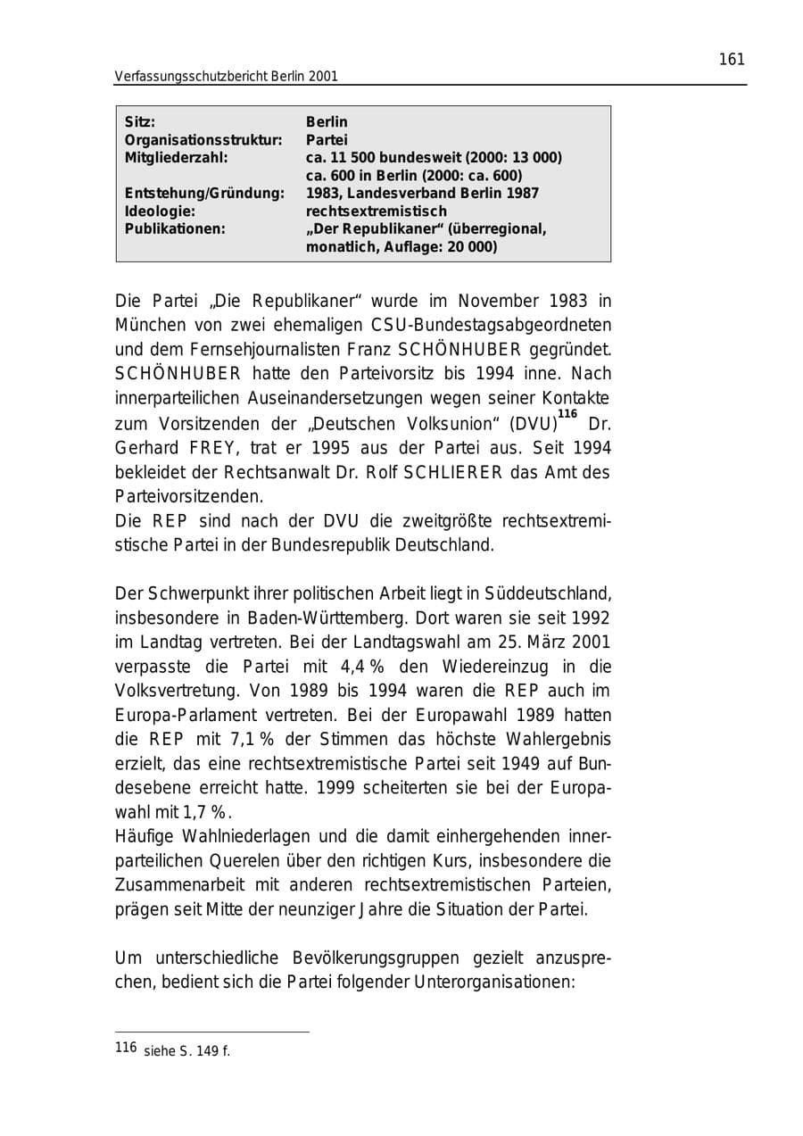 Seite 161 des Verfassungsschutzbericht 2001 Berlin