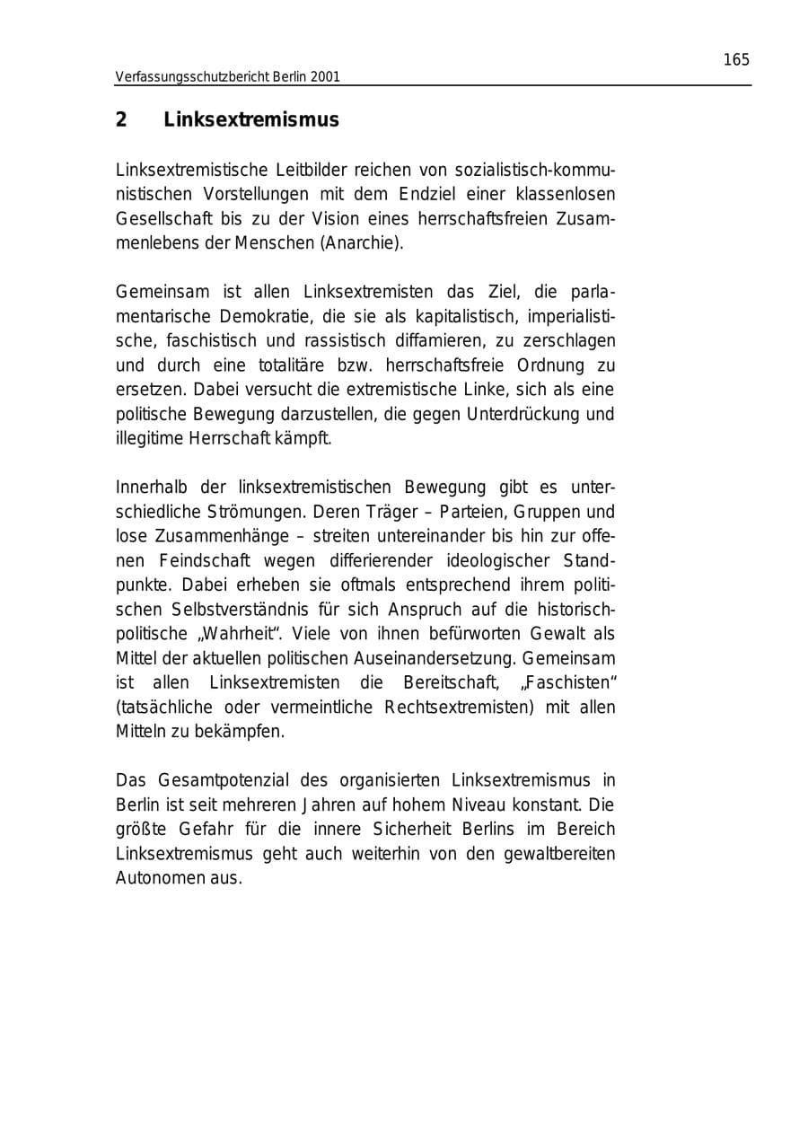 Seite 165 des Verfassungsschutzbericht 2001 Berlin