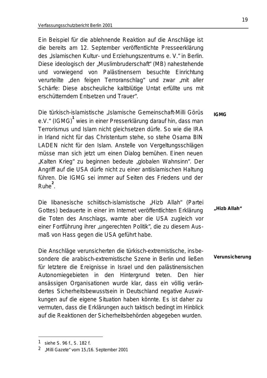 Seite 19 des Verfassungsschutzbericht 2001 Berlin