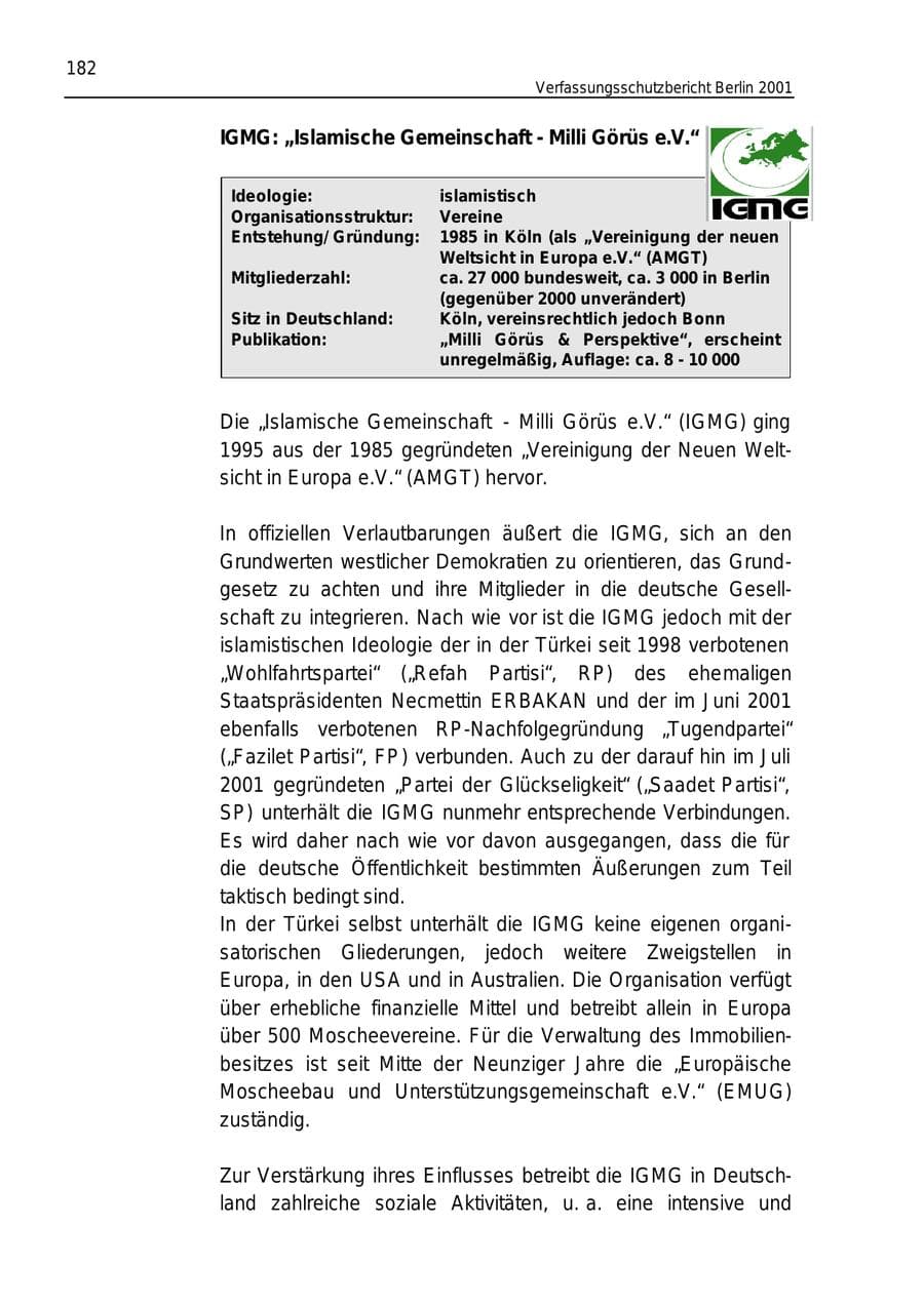 Seite 182 des Verfassungsschutzbericht 2001 Berlin