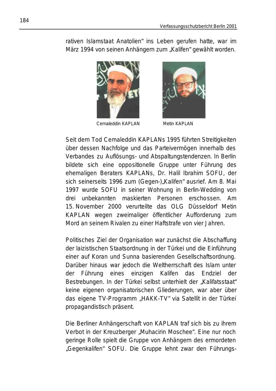 Seite 184 des Verfassungsschutzbericht 2001 Berlin
