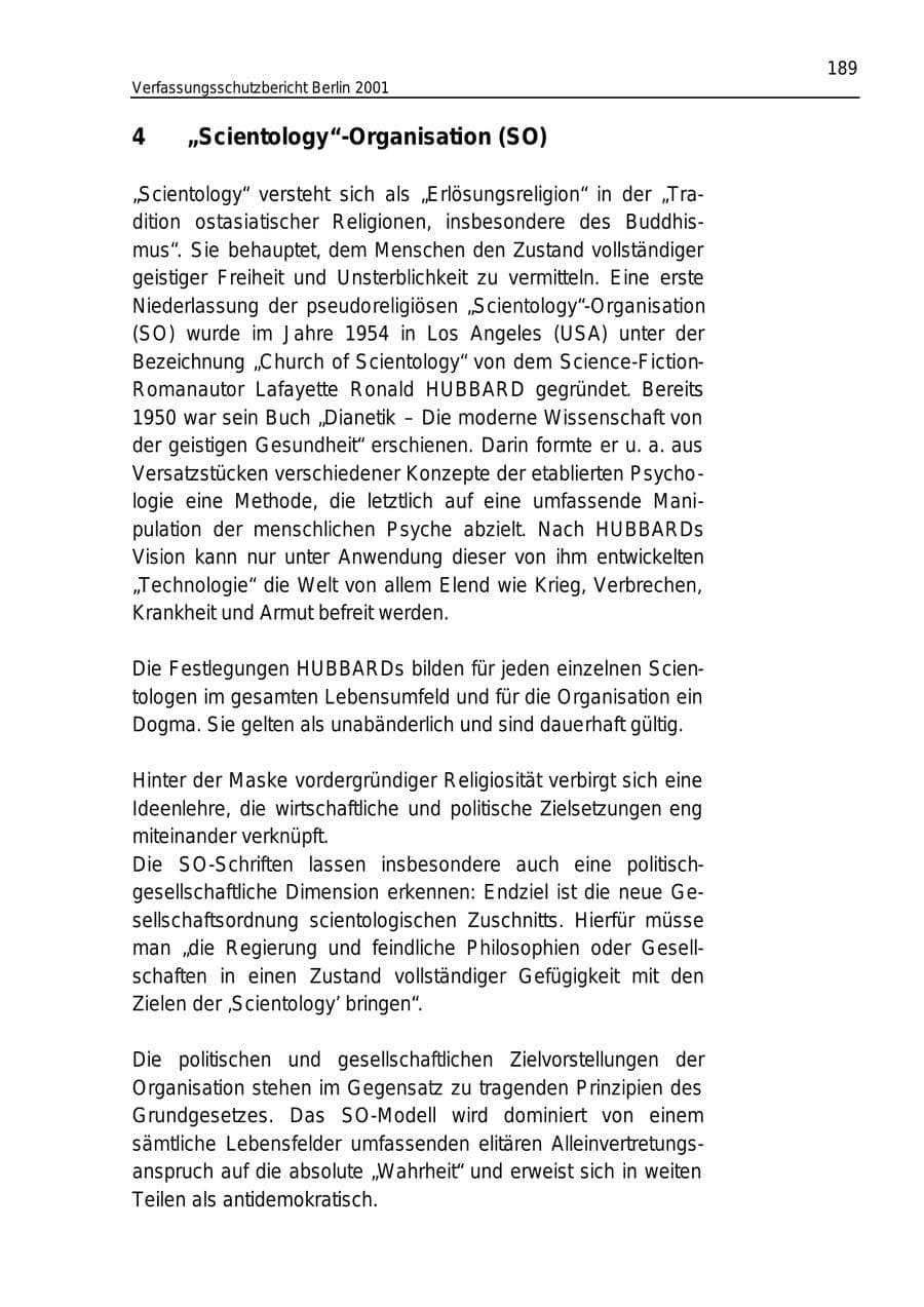Seite 189 des Verfassungsschutzbericht 2001 Berlin