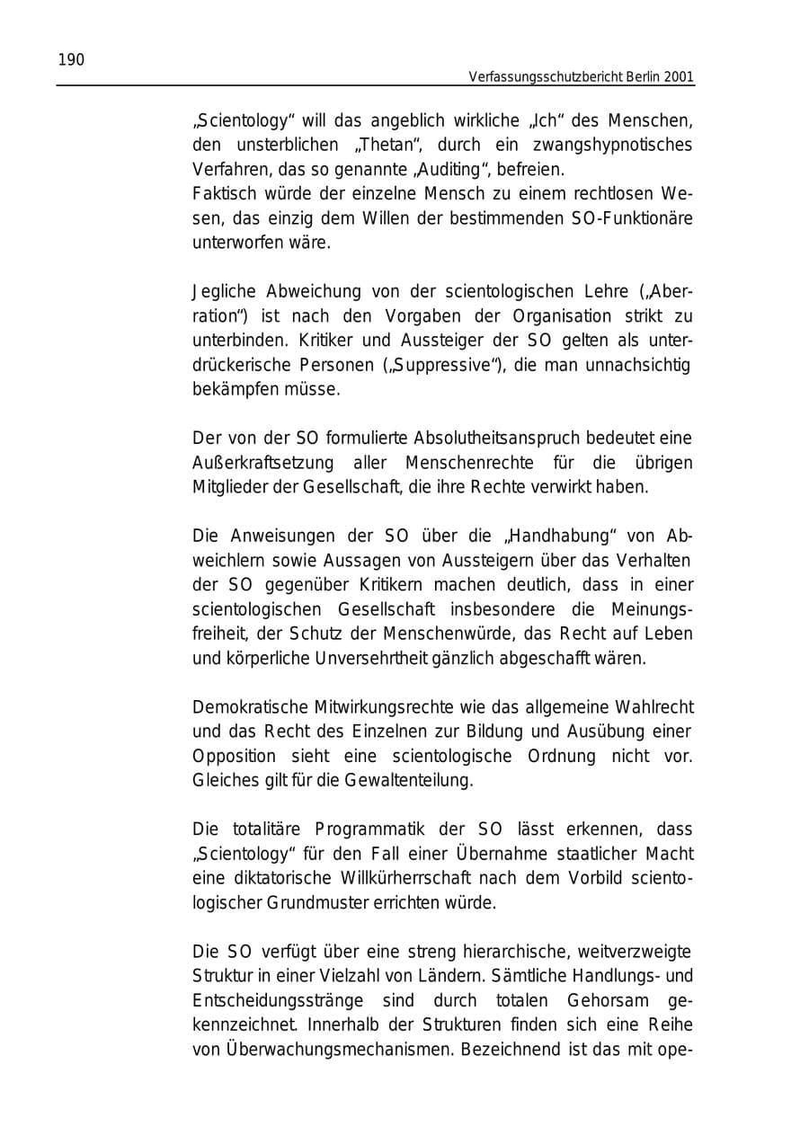 Seite 190 des Verfassungsschutzbericht 2001 Berlin