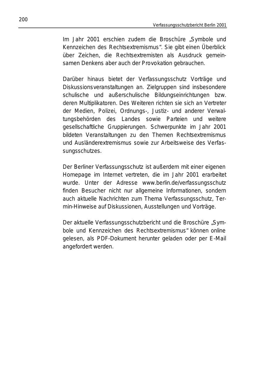 Seite 200 des Verfassungsschutzbericht 2001 Berlin
