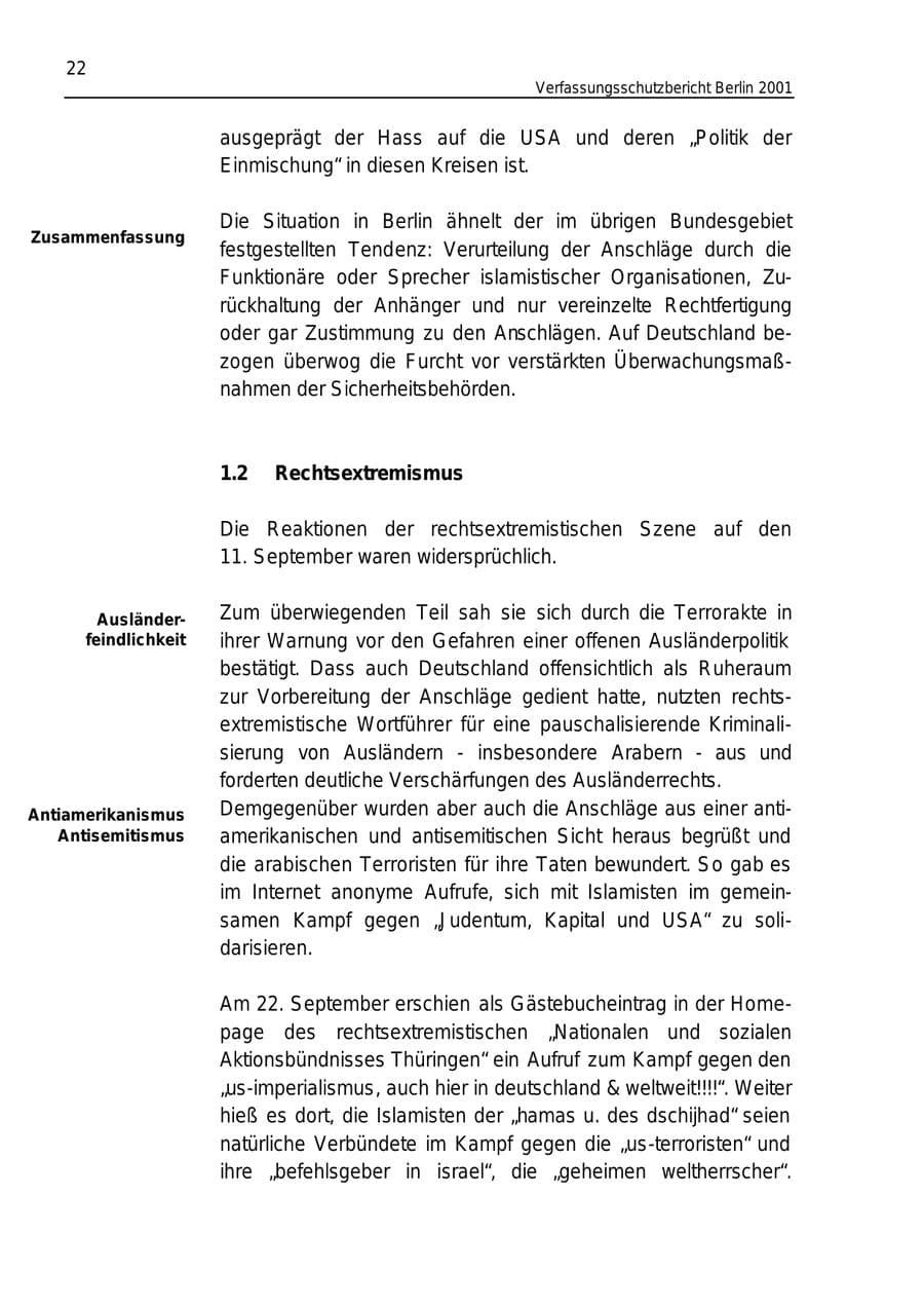 Seite 22 des Verfassungsschutzbericht 2001 Berlin