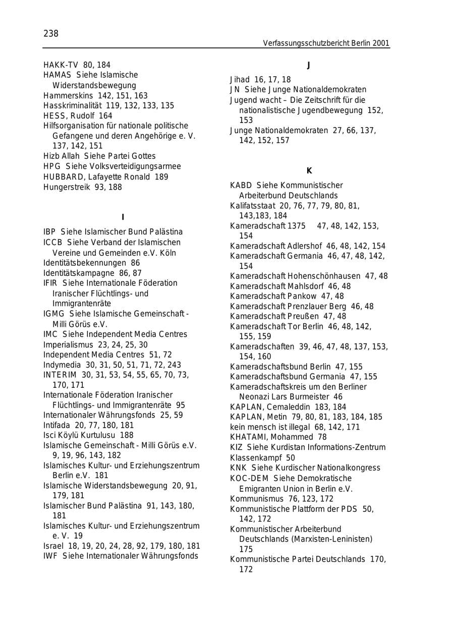 Seite 238 des Verfassungsschutzbericht 2001 Berlin