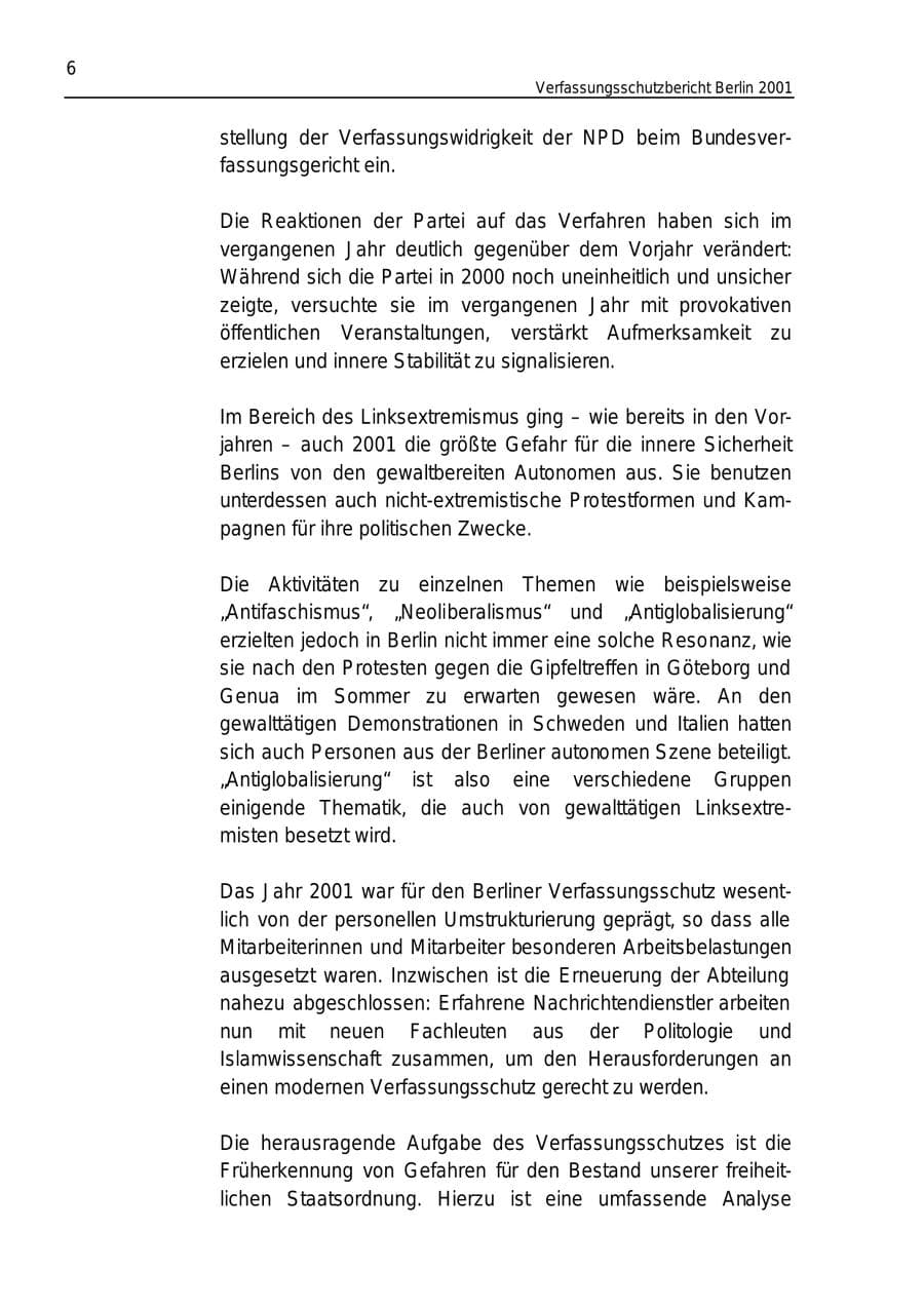 Seite 6 des Verfassungsschutzbericht 2001 Berlin