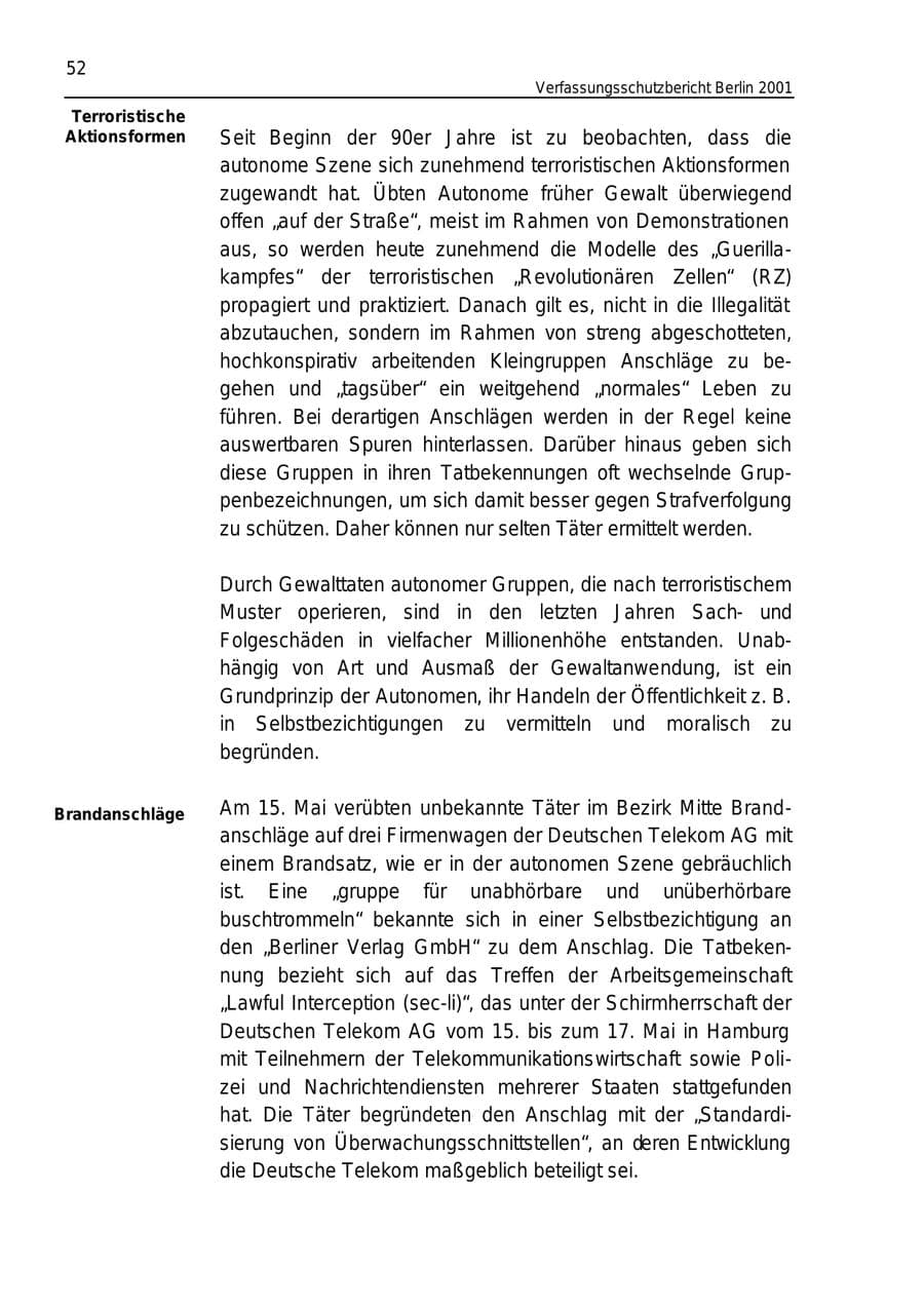 Seite 52 des Verfassungsschutzbericht 2001 Berlin