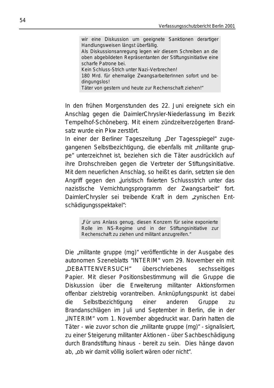 Seite 54 des Verfassungsschutzbericht 2001 Berlin