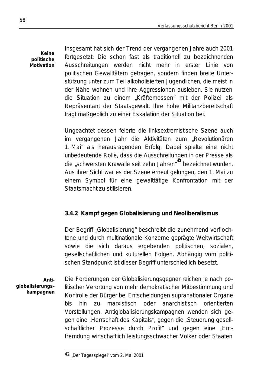 Seite 58 des Verfassungsschutzbericht 2001 Berlin