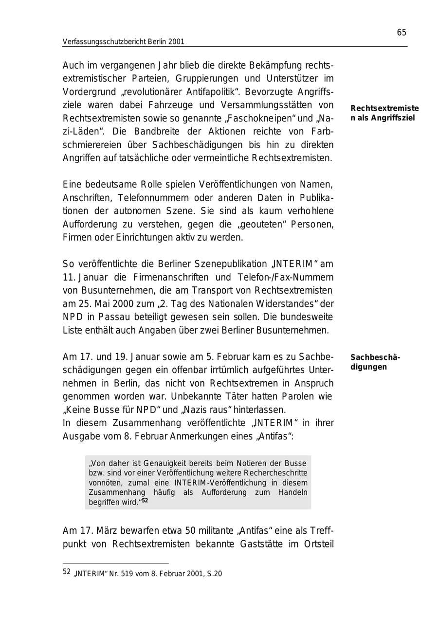 Seite 65 des Verfassungsschutzbericht 2001 Berlin