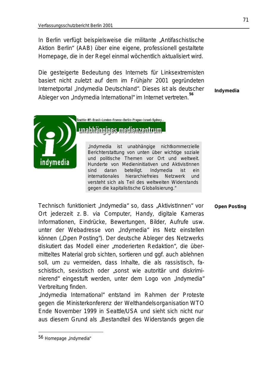Seite 71 des Verfassungsschutzbericht 2001 Berlin